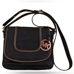 Michael Kors Glazed Black Leather Zipper Detail Flap Over Crossbody Bag